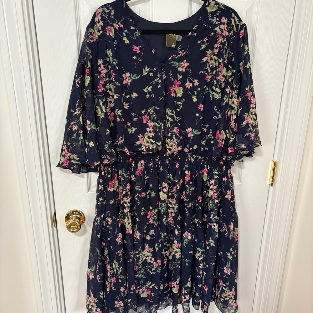 Taylor Navy Dress with Pink and Green Floral Pattern